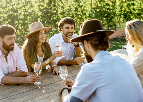 Group of a young people drinking wine and talking together while sitting at the dining table outdoors on the vineyard on a sunny evening